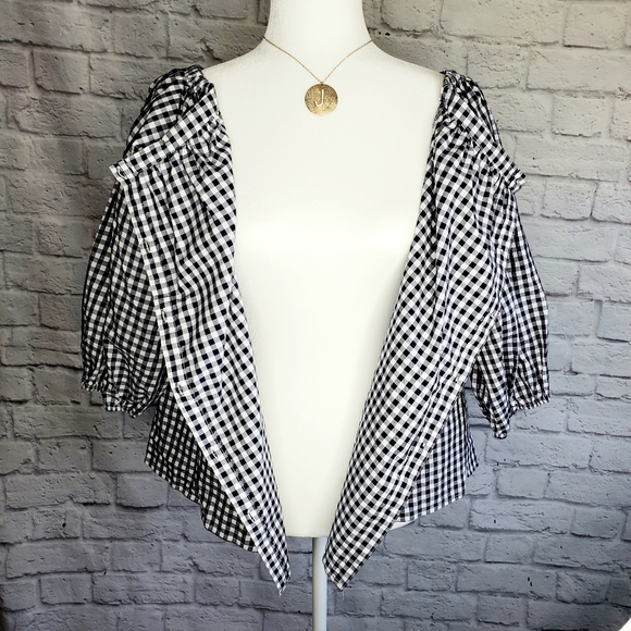 Black White Checkered Peasant Top 3/4 Sleeves | Gingham | Medium - Picture 2 of 13